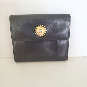 Gianni Versace Vintage Black Saffiano Leather Sun Medallion Bi-Fold Wallet